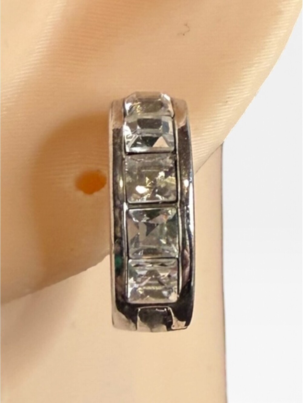 Silver Tone Square Crystal Rhinestone Huggie Hoop Earrings Sparkly